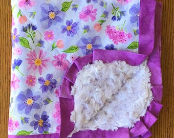 Lavender and Pink Flower Smaller Minky Blanket...Can Be Personalized