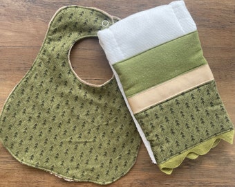 NEW…Pine Trees in Olive Green Infant Bib and Burp Cloth Set