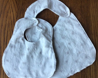 Dandelion Gray and White Minky Baby/Toddler Bib Or Infant Only Bib - Two Sizes Available