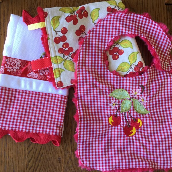 Red and White Gingham and Cherry Minky Baby Gift Set - Lovey, Burp Cloth and Bib