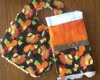 Thanksgiving Turkey Minky Baby/Toddler Bib and Burp Cloth Set