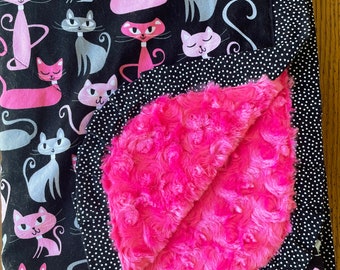 Pink and Black Cat Blanket Minky Blanket - Ready to Ship