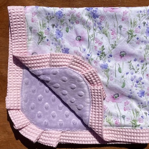 NEW…Pink Poppy and Lavender Flower Blanket Smaller Minky Blanket - Can Be Personalized