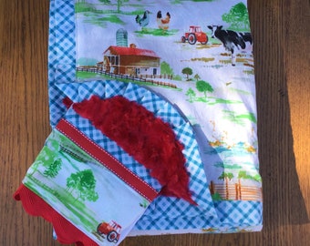 Farm Animal Minky Blanket and Burp Cloth Set...Can Be Personalized