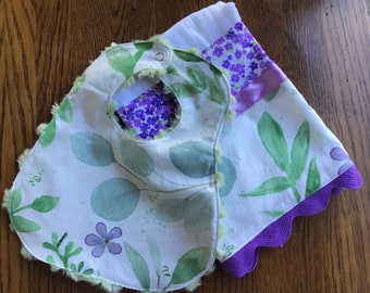 Violets and Leaves Infant Bib and Burp Cloth Set