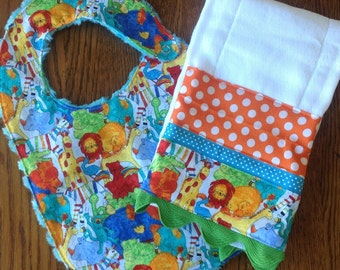 Primary Color Jungle Animals Minky Baby/Toddler Bib and Burp Cloth Set