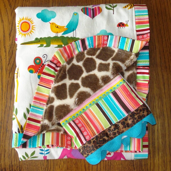 Pink Jungle Animal and Giraffe Minky Blanket and Burp Cloth Set...READY TO SHIP...Last One
