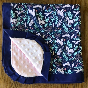 Navy and Pink Unicorns and Bunnies Blanket Smaller Minky Blanket - Can Be Personalized