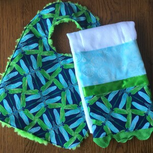 Blue and Green Dragonfly Minky Baby/Toddler Bib and Burp Cloth Set