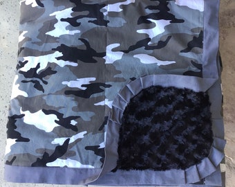 Gray and Black Camouflage Minky Blanket - HUGE - Adult Wrap Around Blanket - Can be personalized