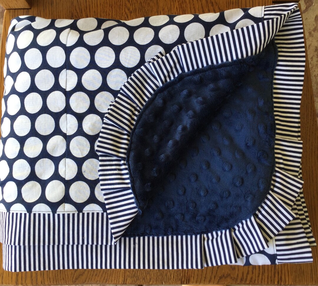Navy and White Big Polka Dot and Stripe Minky Blanket HUGE Adult Wrap