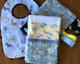 Jungle Animal Minky Baby Gift Set - Lovey, Burp Cloth and Bib
