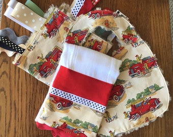 Retro Fire Fighter Minky Baby/Toddler Bib, Lovey and Burp Cloth Set