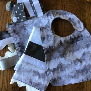 Gray Tree Lines Minky Baby Gift Set - Lovey, Burp Cloth and Bib