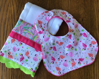 Tropical Flamingo Infant Bib and Burp Cloth Set