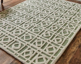 Handmade Green & Ivory Designer Wool Rug I Geometric Hand Tufted Luxurious Modern Woollen Rug for Living Room, Bedroom and Dining Room