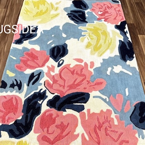 Floral Hand-Tufted Wool Rug – Colorful Modern Area Carpet for Living Room & Bedroom | Bold Flower Pattern Home Decor | Soft Wool Floor Rug