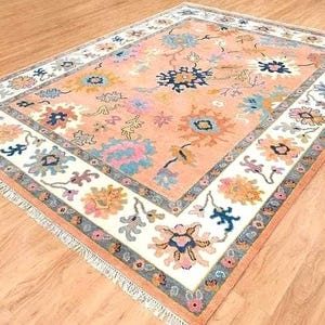 Oushak Orange and Cream Hand Knotted Wool Rug I Indian Traditional Carpet – Vintage Turkish Style Area Rug for Living Room – Boho Home Decor