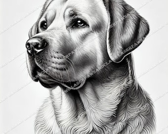 May include: A black and white pencil drawing of a Labrador Retriever dog looking to the left. The dog has a soft, fluffy coat and a gentle expression.