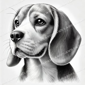 Puede incluir: Un dibujo a lápiz en blanco y negro de la cabeza de un perro Beagle. El perro tiene las orejas caídas y una expresión dulce.