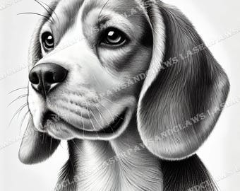 May include: A black and white pencil drawing of a Beagle dog's head. The dog has floppy ears and a sweet expression.
