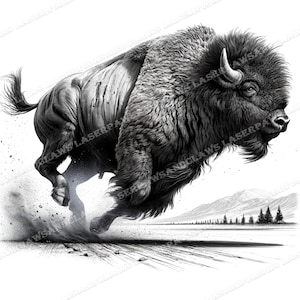 May include: A black and white illustration of a running bison. The bison is depicted in mid-stride, kicking up dust. The background features a snowy landscape with mountains and pine trees.