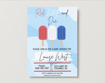 Red, white, and due popsicle invitation, books for baby, diaper raffle, and welcome poster