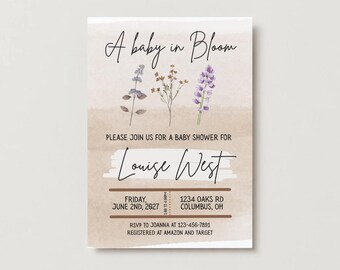 A baby in bloom baby shower invitation, books for baby, diaper raffle, and welcome poster