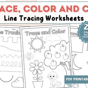 Könnte beinhalten: Arbeitsblätter zum Nachzeichnen von Linien mit dem Text "TRACE, COLOR AND CUT". Die Seiten zeigen gepunktete Linien zum Nachzeichnen von Formen, Objekten und Mustern. Enthält eine Sonne, eine Biene, eine Blume, einen Affen und Äpfel. Die Arbeitsblätter sind als PDF druckbar.