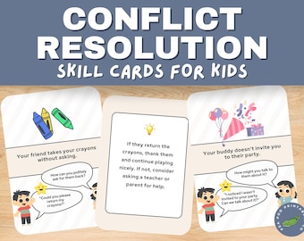 May include: Three colorful cards with illustrations and text for teaching conflict resolution skills to children. The first card shows crayons and the text "Your friend takes your crayons without asking. How can you politely ask for them back? "Could you please return my crayons?"". The second card shows a lightbulb and the text "If they return the crayons, thank them and continue playing nicely. If not, consider asking a teacher or parent for help.". The third card shows a birthday party scene and the text "Your buddy doesn't invite you to their party. How might you talk to them about it? "I noticed I wasn't invited to your party. Can we talk about it?""