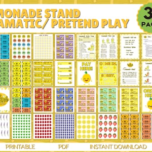 May include: A printable set of 32 pages for pretend play, featuring a lemonade stand theme. The pages include signs, price lists, order forms, and money. The pages are yellow, red, green, and blue.
