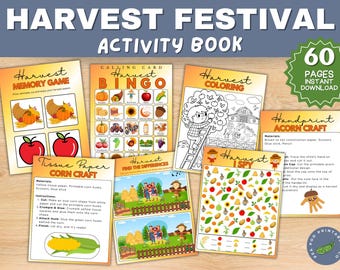 May include: A printable activity book for kids featuring a harvest theme. The book includes a variety of activities such as memory games, bingo, coloring pages, find the differences, I spy, and a tissue paper corn craft. The book has 60 pages and is an instant download.