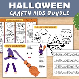 May include: A printable Halloween craft bundle for kids featuring 11 pages of coloring and activity sheets. The bundle includes a build-a-witch craft, a Halloween finger puppet, and a Halloween bookmark. The text on the image reads "Halloween Crafty Kids Bundle" and "11 Pages Instant Download".
