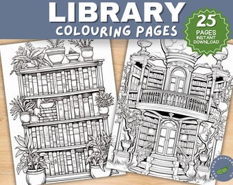 May include: Two black and white coloring pages featuring a library. The first page shows a bookshelf filled with books and plants. The second page shows a large library building with bookshelves, a balcony, and plants.