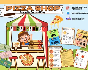 May include: A printable pretend play pizza shop set with colorful signs, pizza boxes, and play money. The set includes a price list, order sheet, and build your own pizza price list. The signs say "Come in we are open" and "Sorry we are closed".