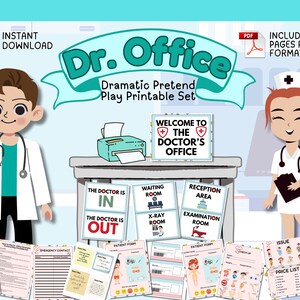 May include: Printable set for pretend play, featuring a doctor's office theme. Includes 68 pages in PDF format. The set includes signs for a waiting room, reception area, examination room, and x-ray room. There are also printable patient forms, a price list, and a healthy habits checklist.