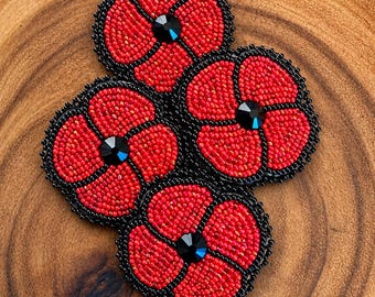 Hand-Beaded Poppy Brooch – Remembrance Pin – Red Bead Flower – Handmade Honouring Pin