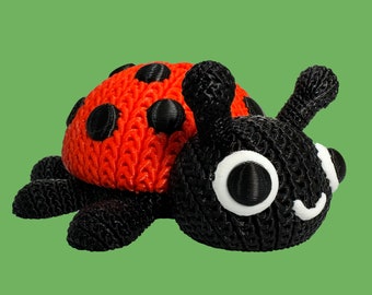 May include: A red and black ladybug toy with a knitted texture and large, black eyes. The ladybug has a 3D design and is made of a soft, plush material.