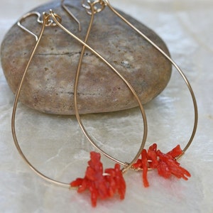 Gold Hoop Earrings, Coral Earrings, Coral Branch Earrings, Beachy Earrings, Ocean Earrings, Beachy Jewelry, Orange Earrings, Hammered Hoops