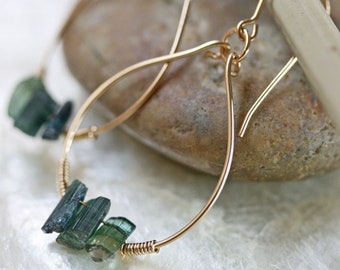 Gold Hoop Earrings, Tourmaline Earrings, Crystal Earrings, Green Stone Earrings, Raw Stone Earrings, Green Tourmaline