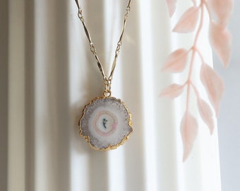 Pink Stalactite Necklace, Agate Slice Necklace, Gold Pendant Necklace, Gift for Her