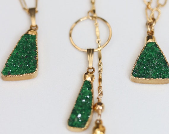 Uvarovite Druzy Necklace, Green Druzy Necklace, 14k Gold Filled Jewelry, Feather Necklace