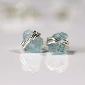 Aquamarine Earrings, March Birthstone Earrings, Raw Gemstone Earrings, Dainty Aquamarine Studs, Blue Crystal Earrings image 2