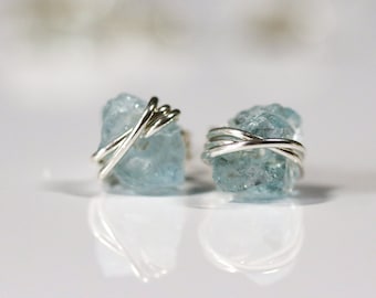 Raw Aquamarine Stud Earrings, Natural Aquamarine Earrings, Raw Blue Crystal Earrings, Blue Stud Earrings, March Birthstone, Birthday Gift