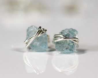 Raw Aquamarine Earrings • Minimal or Triple Wrap • 14k Gold Filled or Sterling Silver • March Birthstone Crystal Jewelry
