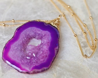 Pink Purple Geode Slice Necklace on Gold Chain, Druzy Geode Necklace, Pink Geode Necklace, Purple Geode Necklace