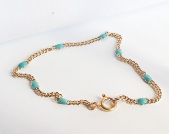 Gold Chain and Enamel Bracelet, Turquoise Enamel Accents, Dainty Chain Bracelet for Women, Gift for Her