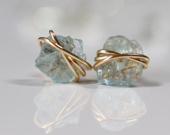 Aquamarine Earrings, March Birthstone Gift, Raw Gemstone Crystal  Studs, Minimalist Gold Filled or Sterling Silver
