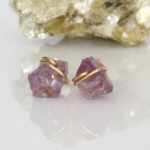 Raw Pink Amethyst Stud Earrings, Minimalist Earrings, Pink Crystal Earrings, February Birthstone, Birthday Gift, Sterling Silver, 14k Gold F image 3