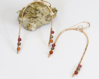 Arch Earrings, Hammered 14k Gold Filled Earrings, Garnet Gemstone Earrings, Rainbow Earrings